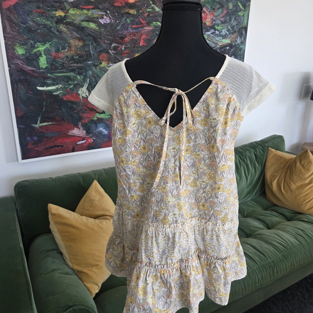Umgee Boho Peasant Yellow Floral Print + Cream Tiered Top, Tie Back Neck - Small - Picture 5 of 9